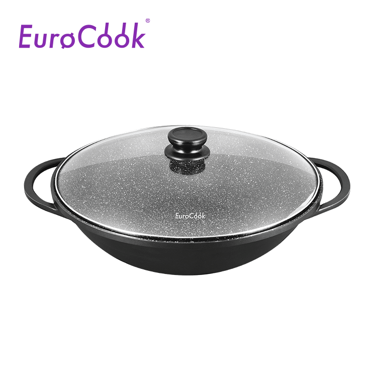 EuroCook EC10236W SOLID 鋼化鑄鋁大理石易潔雙耳鑊連玻璃蓋 36cm 香港行貨