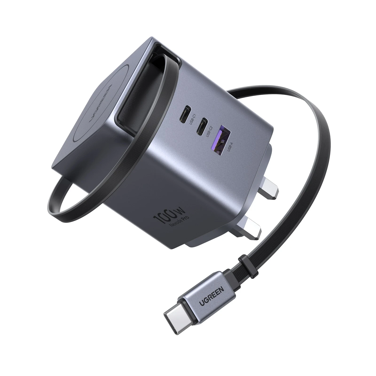 Image of UGREEN 綠聯 X616 Nexode Pro 100W 2xUSB-C + 1xUSB-A GaN 快速充電器, 內置Type-C 伸縮線  65829