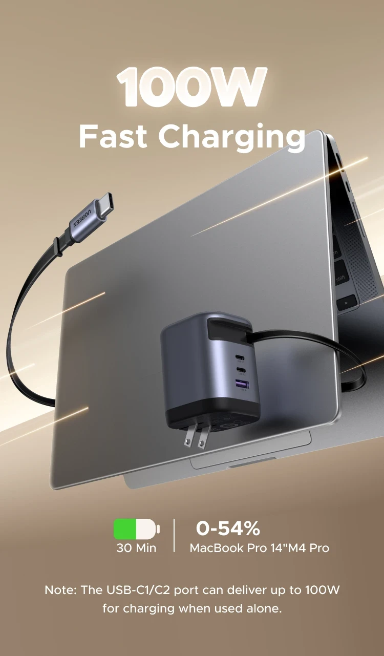 Image of UGREEN 綠聯 X616 Nexode Pro 100W 2xUSB-C + 1xUSB-A GaN 快速充電器, 內置Type-C 伸縮線  65829