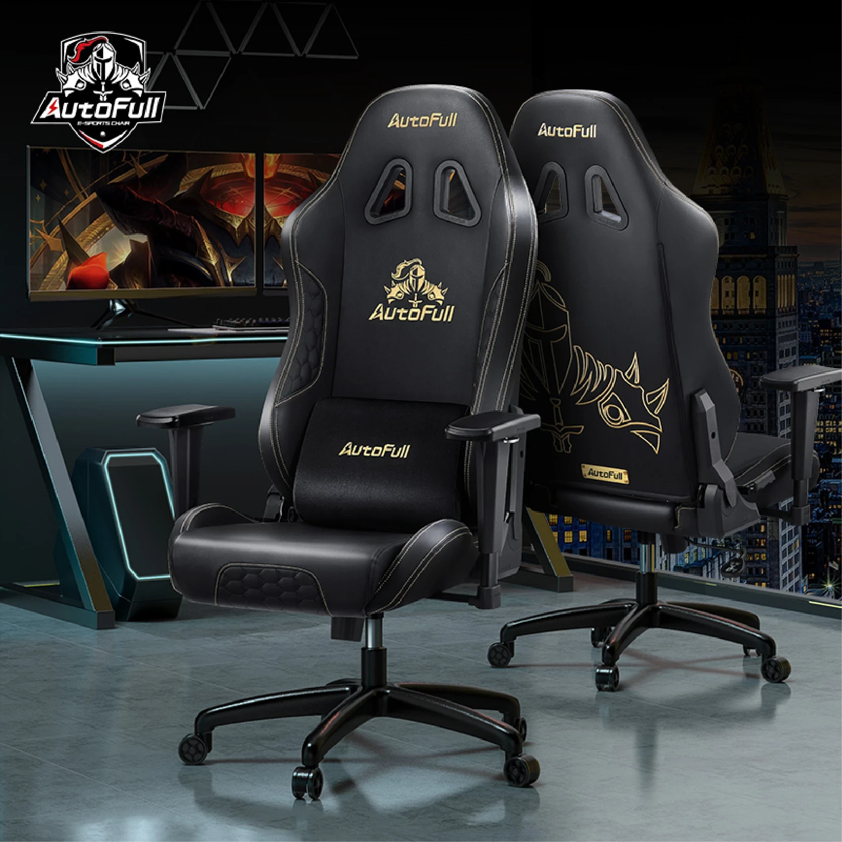 AutoFull 傲风 AF903 C3 Pro 黑金刺绣 人体工学电竞凳 连腰枕,头枕 标准版(无脚托) | 友和 YOHO