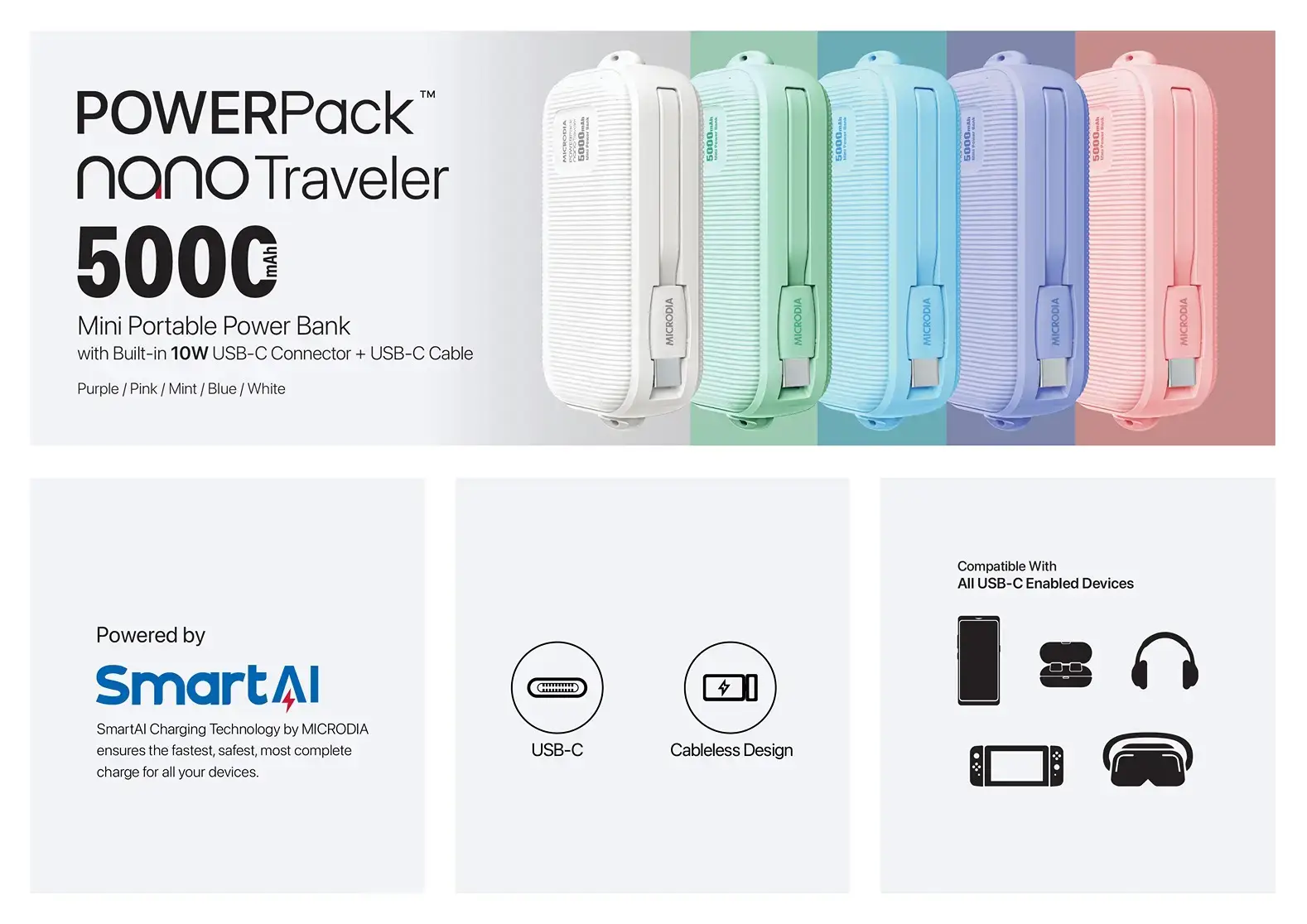 Image of  POWERPack™ Nano Traveller 10W 迷你 5000mAh 行動電源 內建 USB-C 連接和 USB-C 電線