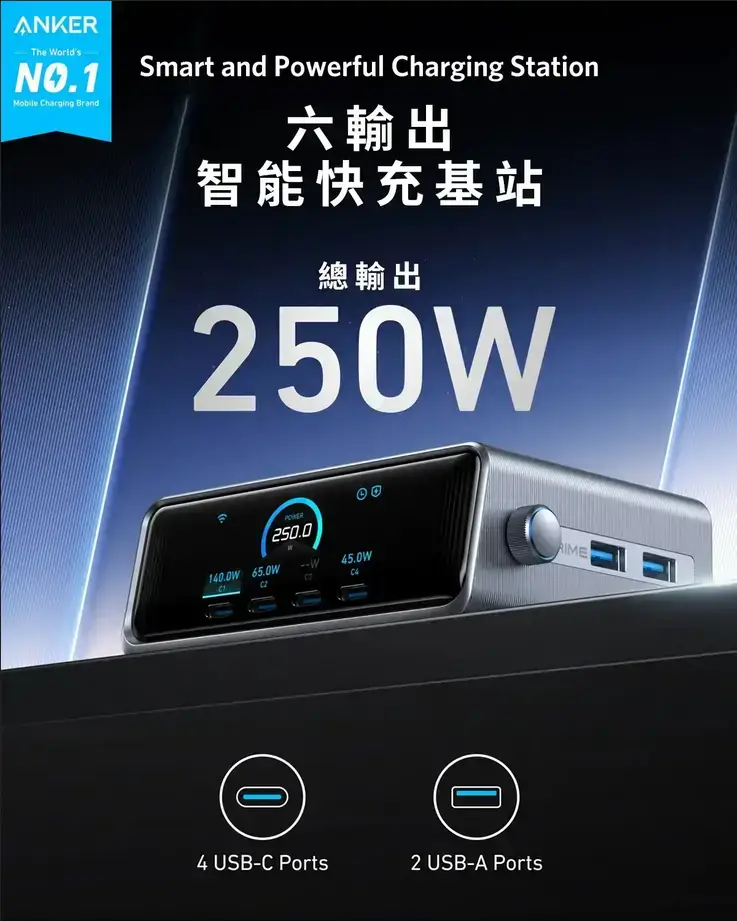 Image of Anker Prime Charger (250W, 6 Ports, GaNPrime) 140W PD 6輸出智能桌上充電器