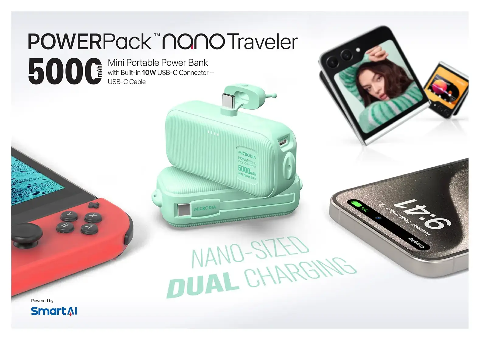 Image of  POWERPack™ Nano Traveller 10W 迷你 5000mAh 行動電源 內建 USB-C 連接和 USB-C 電線
