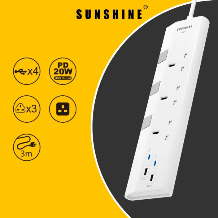 SUNSHINE 陽光照明 13A PD20W 快充拖板 2C2A 獨立開關安全拖板連藍色指示 (連3米線) 防雷拖板 | 電源插座 | 排插 ...